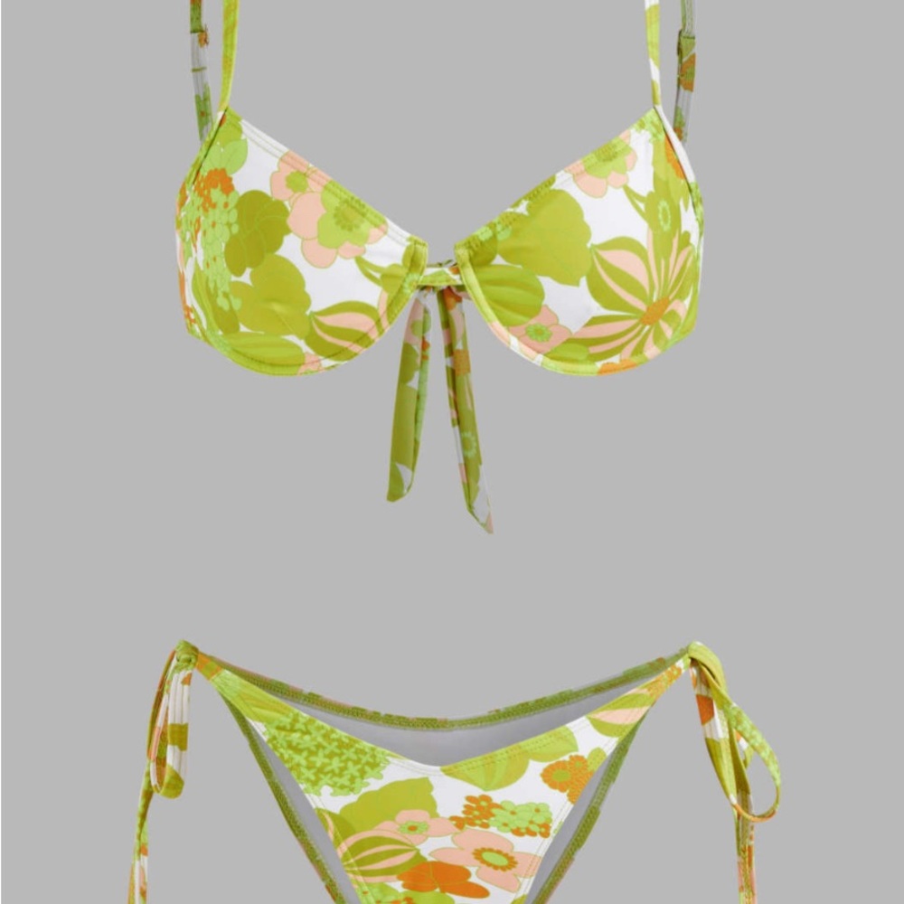 Floral Bikini Set with Sarong in Green and Orange